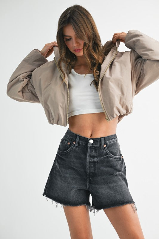 Cropped Hooded Zip-Up Puffer Jacket THRIXINE