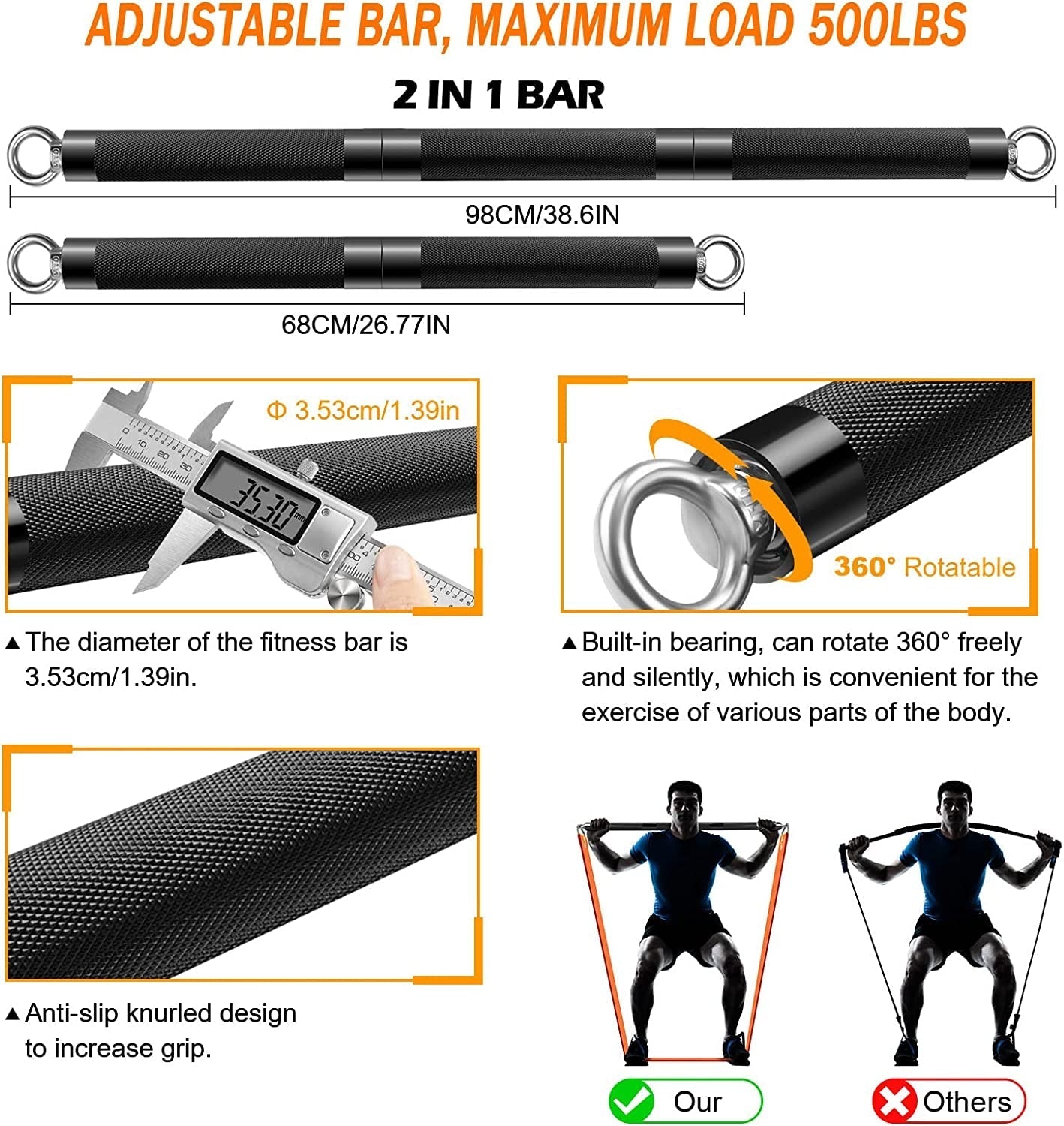 Resistance Band Bar Set Portable Full Body 500LBS Extra Heavy Home Gym - SJB-DIAMOND ELITES