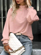 Smocked Frill Mock Neck Long Sleeve Blouse - SJB-DIAMOND ELITES