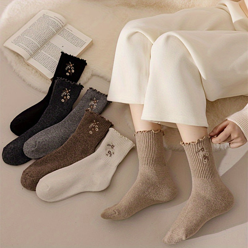 6 Pairs Floral Embroidery Socks, Comfy & Soft Lettuce Trim Socks, Women's Stockings & Hosiery Lootquake LLC