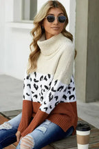 Winter Apricot Turtleneck Splicing Chunky Knit Pullover Sweater - SJB-DIAMOND ELITES