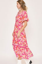 New Summer Floral Notched Puff Sleeve Midi Dress For Women – Fluttering, Elegant Floral Print Midi Dress with Trendy Notched Neckline and Puff Sleeves Stevvex