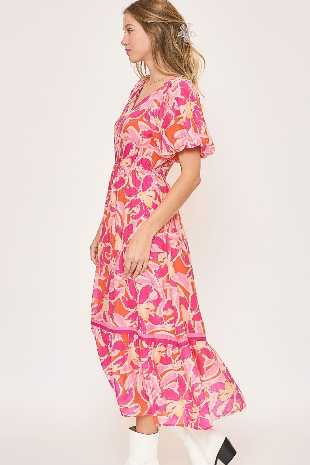 New Summer Floral Notched Puff Sleeve Midi Dress For Women – Fluttering, Elegant Floral Print Midi Dress with Trendy Notched Neckline and Puff Sleeves Stevvex