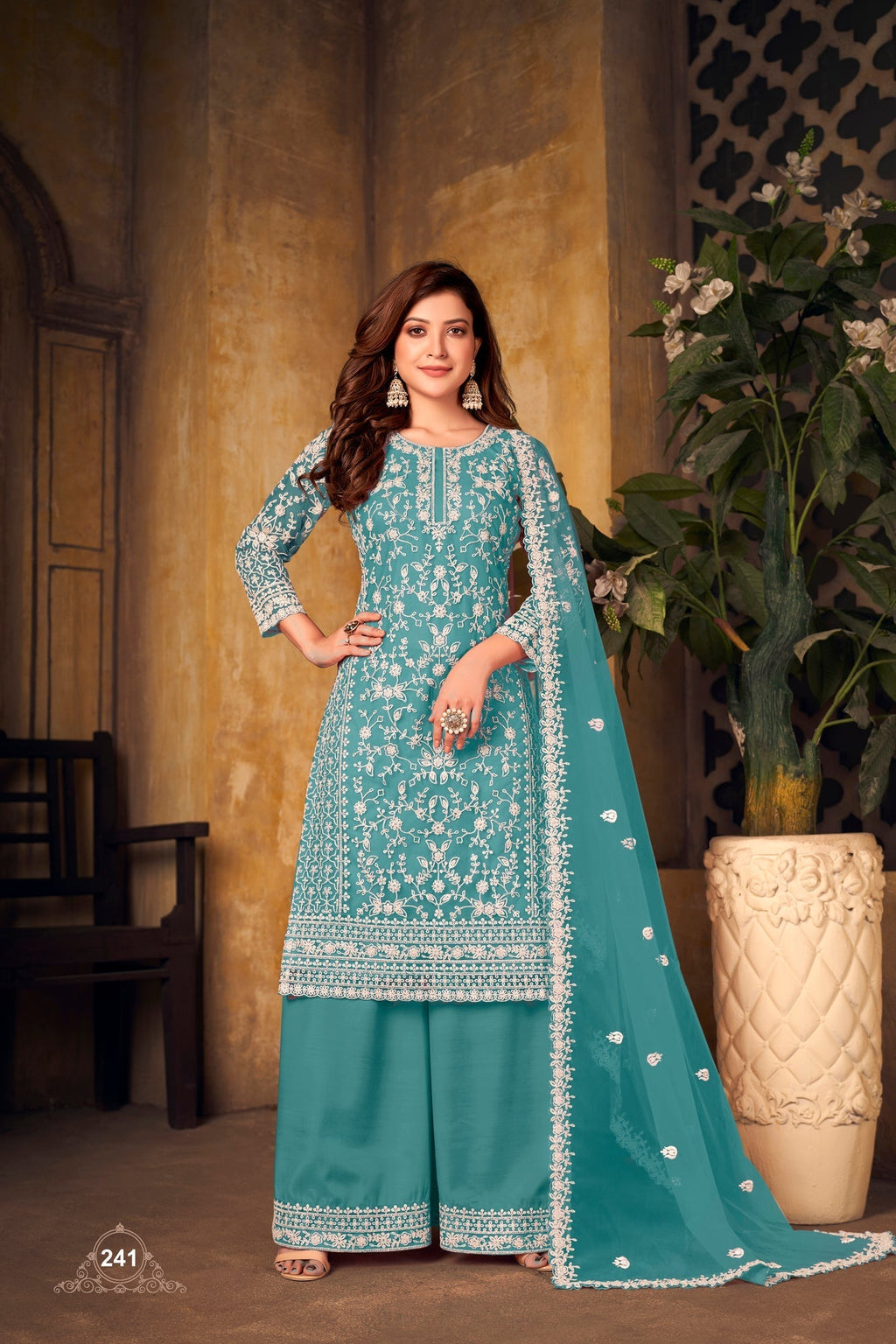 Pakistan Designer Wear Net Teal Blue Straight Cut Palazzo Style Suit Purplish Diva