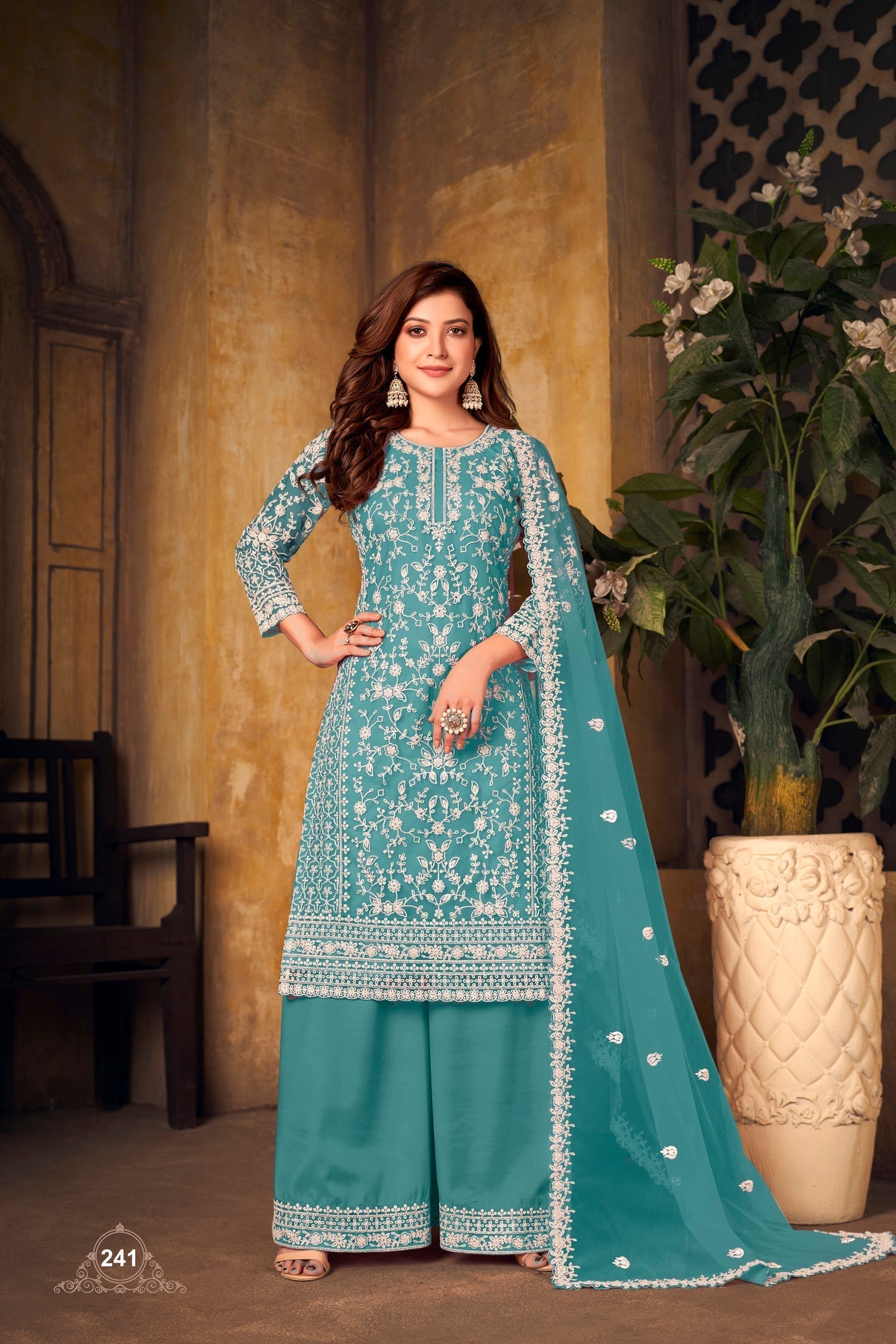 Pakistan Designer Wear Net Teal Blue Straight Cut Palazzo Style Suit Purplish Diva
