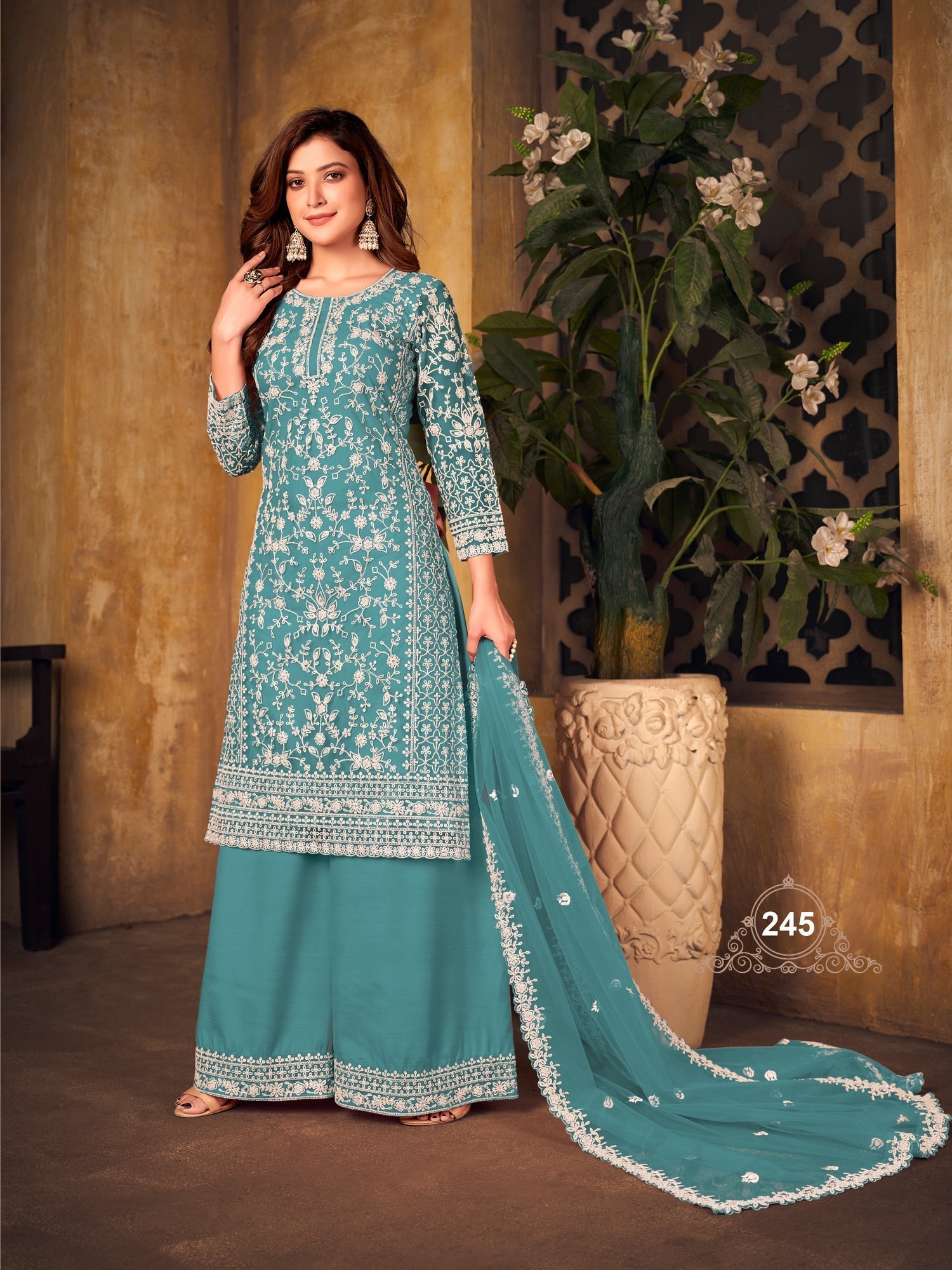 Pakistan Designer Wear Net Teal Blue Straight Cut Palazzo Style Suit Purplish Diva