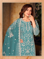 Pakistan Designer Wear Net Teal Blue Straight Cut Palazzo Style Suit Purplish Diva