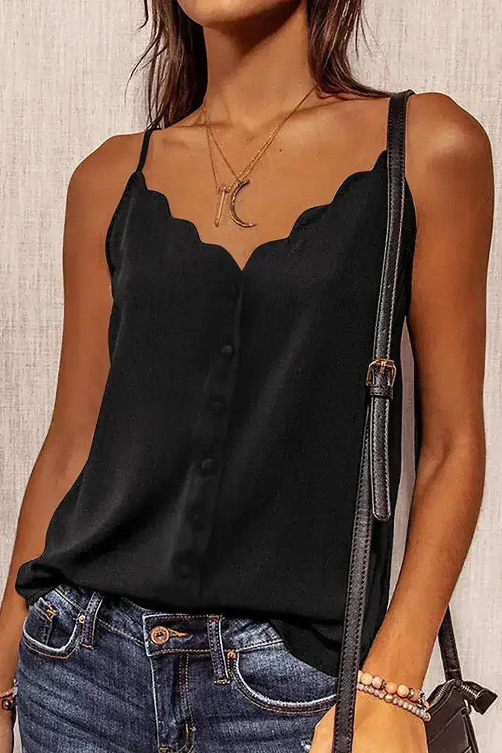 Black Spaghetti Straps Buttoned V Neck Vest - SJB-DIAMOND ELITES