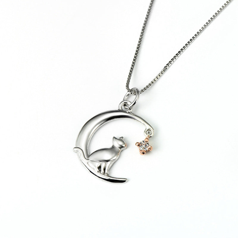 S925 Sterling Silver Jewelry Moon Cat Pendant Necklace Micro Inlay Pi-Mart
