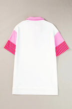 White Stripe Colorblock Sleeve Collared Pop of Color Neckline Dress