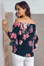 Navy Off Shoulder Floral Tie Front High Low Chiffon Blouse - SJB-DIAMOND ELITES
