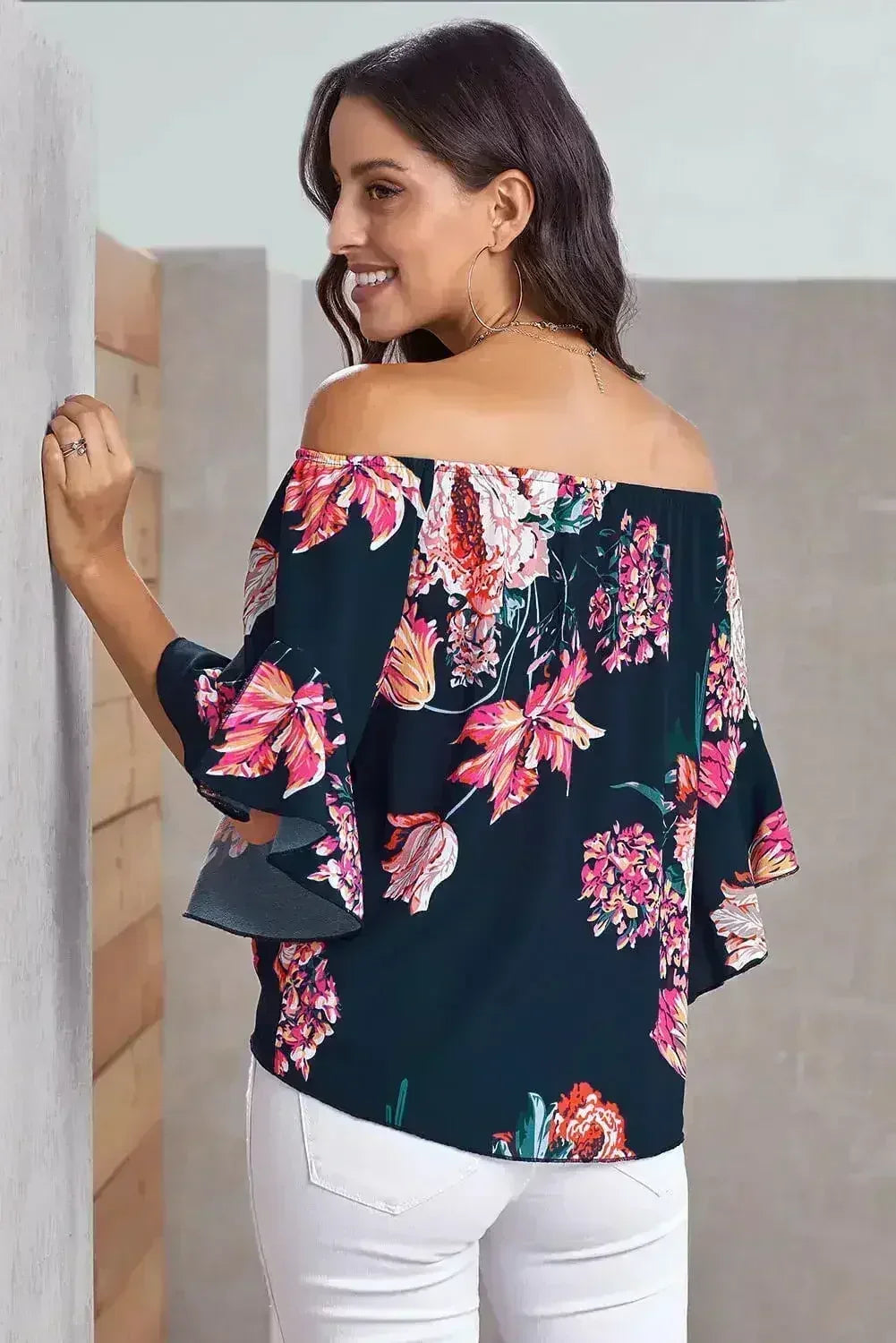 Navy Off Shoulder Floral Tie Front High Low Chiffon Blouse - SJB-DIAMOND ELITES