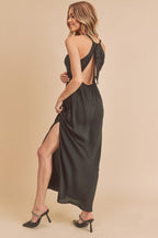 Ruched Side Slit Cutout Back Maxi Cami Dress For Women – Elegant, Romantic & Alluring with Flattering Fit and Glamorous Details