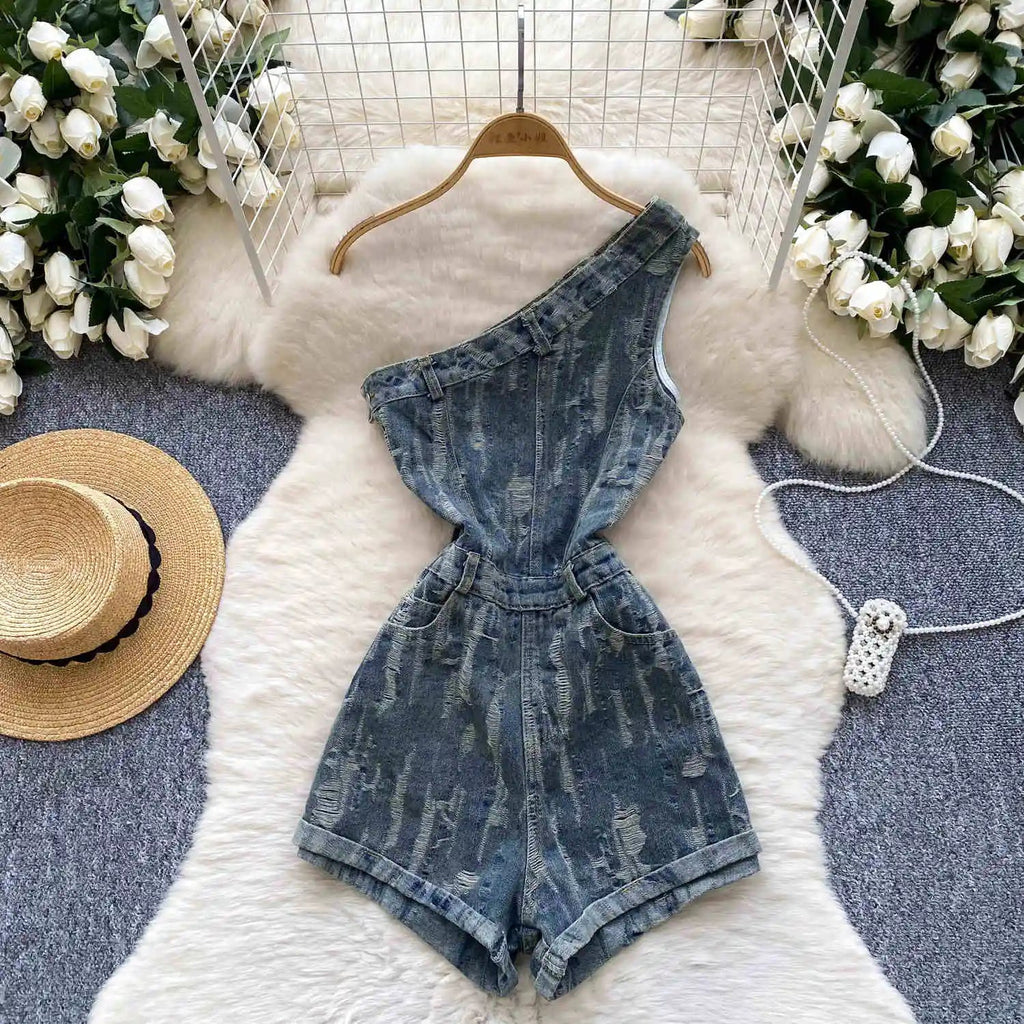 Women's Blue Ripped Denim Shorts Jumpsuits 90s Vintage Playsuits Harajuku Off Shoulder Rompers Jeans Pants Ladies Clothes Summer Purplish Diva