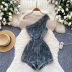 Women's Blue Ripped Denim Shorts Jumpsuits 90s Vintage Playsuits Harajuku Off Shoulder Rompers Jeans Pants Ladies Clothes Summer Purplish Diva
