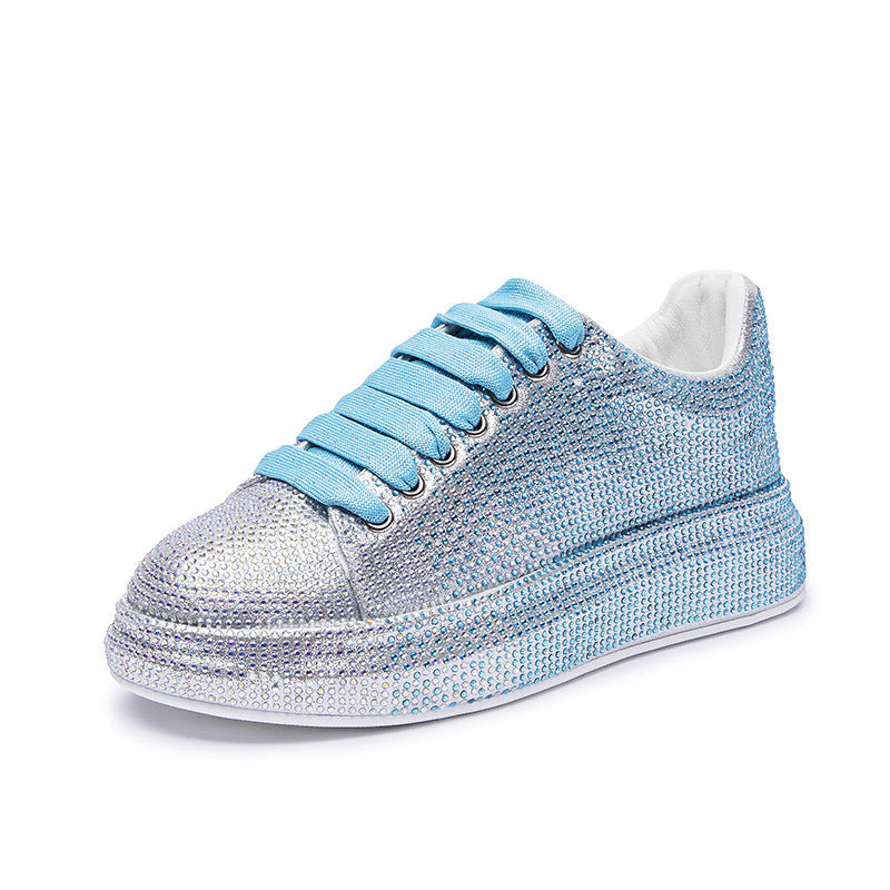 Women's Rhinestone-Embellished Sports Shoes - Waterproof White Wedge Sneakers (4-6cm Heel, Microfiber Leather) Pi-Mart