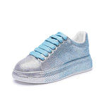 Women's Rhinestone-Embellished Sports Shoes - Waterproof White Wedge Sneakers (4-6cm Heel, Microfiber Leather) Pi-Mart