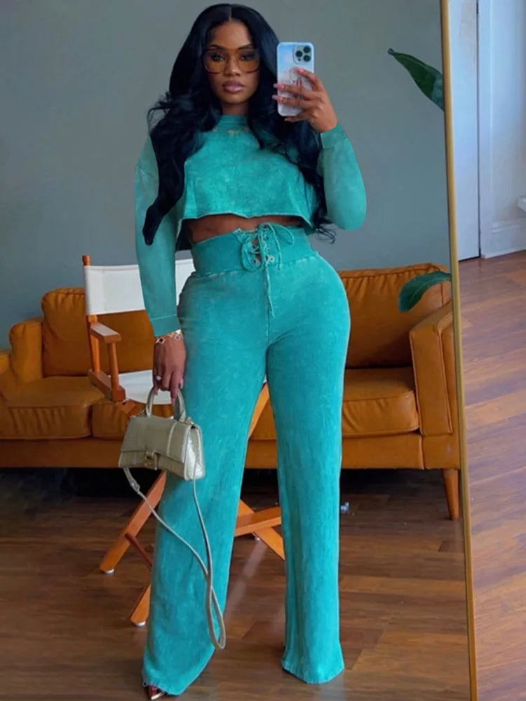 Solid Casual Two Piece Set for Women Sweatsuit Sporty Fitness Long Sleeve Top and Lace-up Wide Leg Pants Joggers Tracksuit Fall Purplish Diva