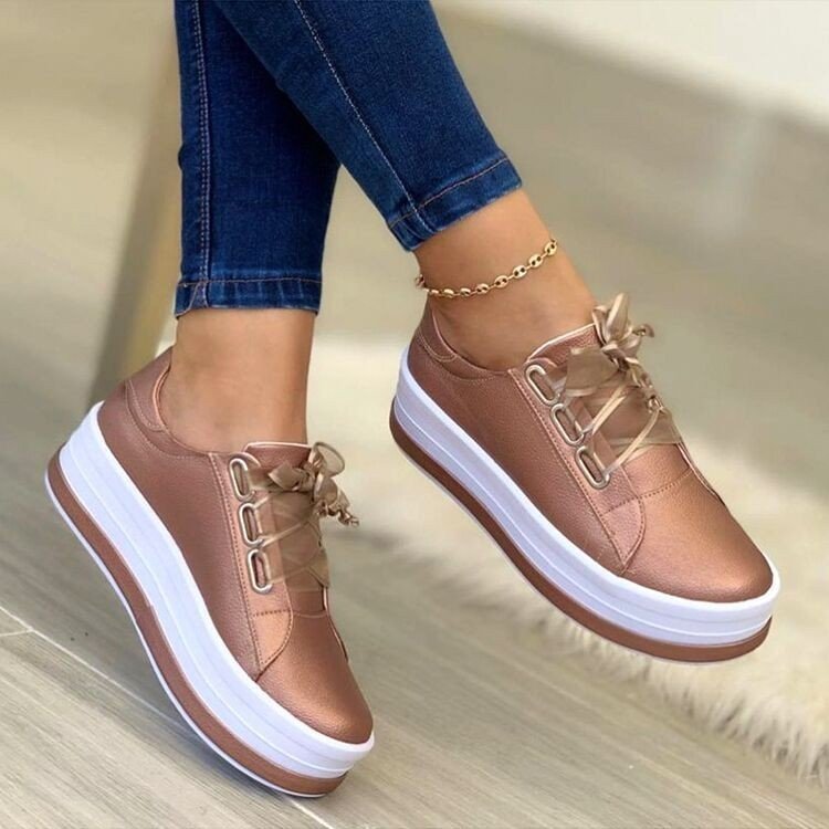 Fashion Flats Sneakers Women Ribbon Lace-up Platform Shoes Pi-Mart