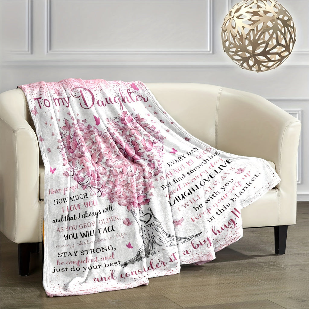 1pc To My Daughter Blanket Love Letter Fleece Blanket, Multi-functional Comfort Throw With Digital Tree Print, Collegiate Style, Special Gift For Daughter Lootquake LLC