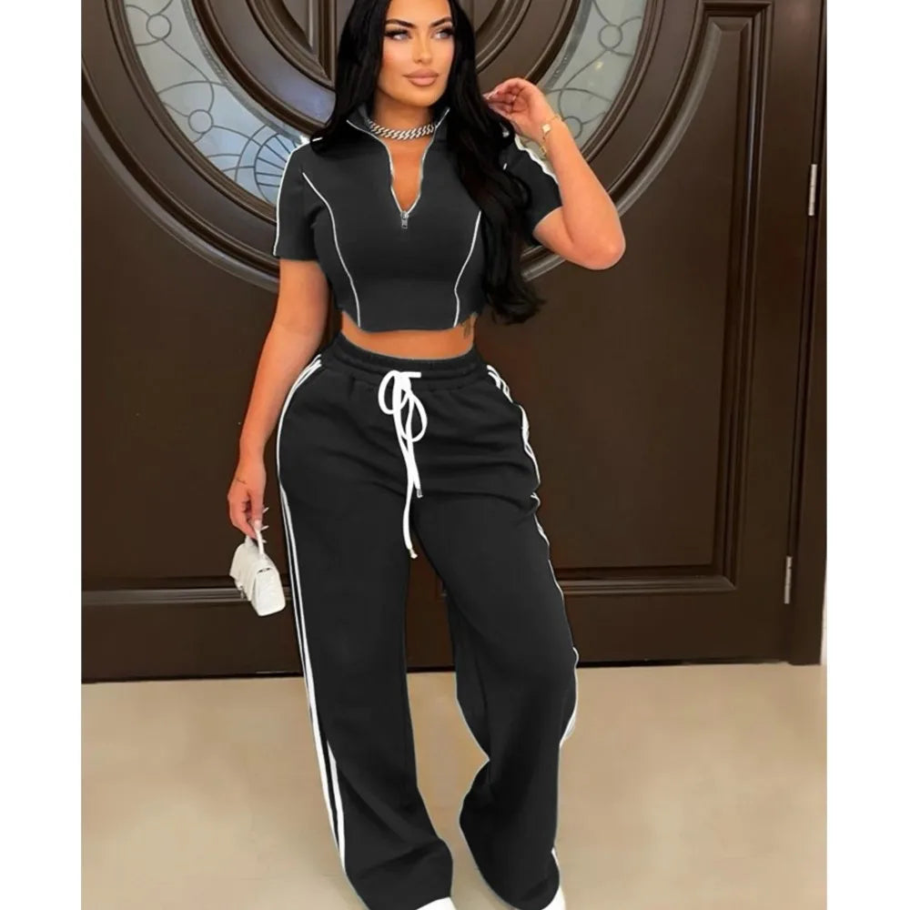 Fashion Casual Short Hoodie 2 Piece Women Summer Zipper Top Short Sleeved Sports T Shirt Stripe Splicing Long Pants Female Suit Purplish Diva