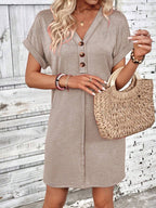 Elegant Button V-Neck Short Sleeve Dress Flattering Casual & Office Wear Simple Dress