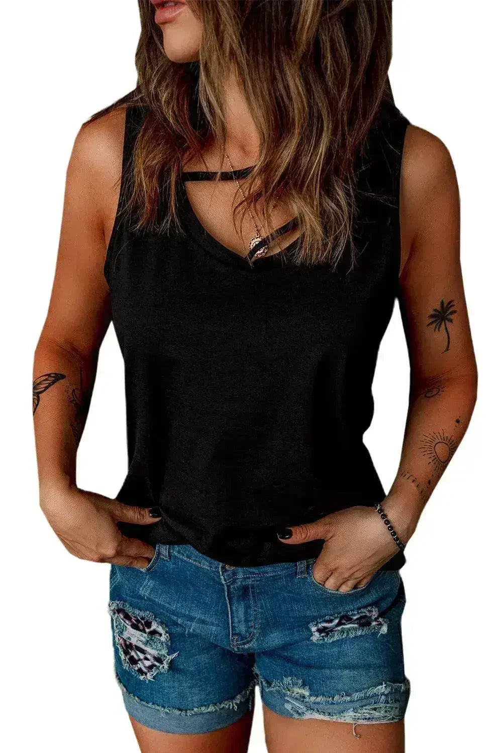 Black Strappy Hollow-out Neck Tank Top - SJB-DIAMOND ELITES
