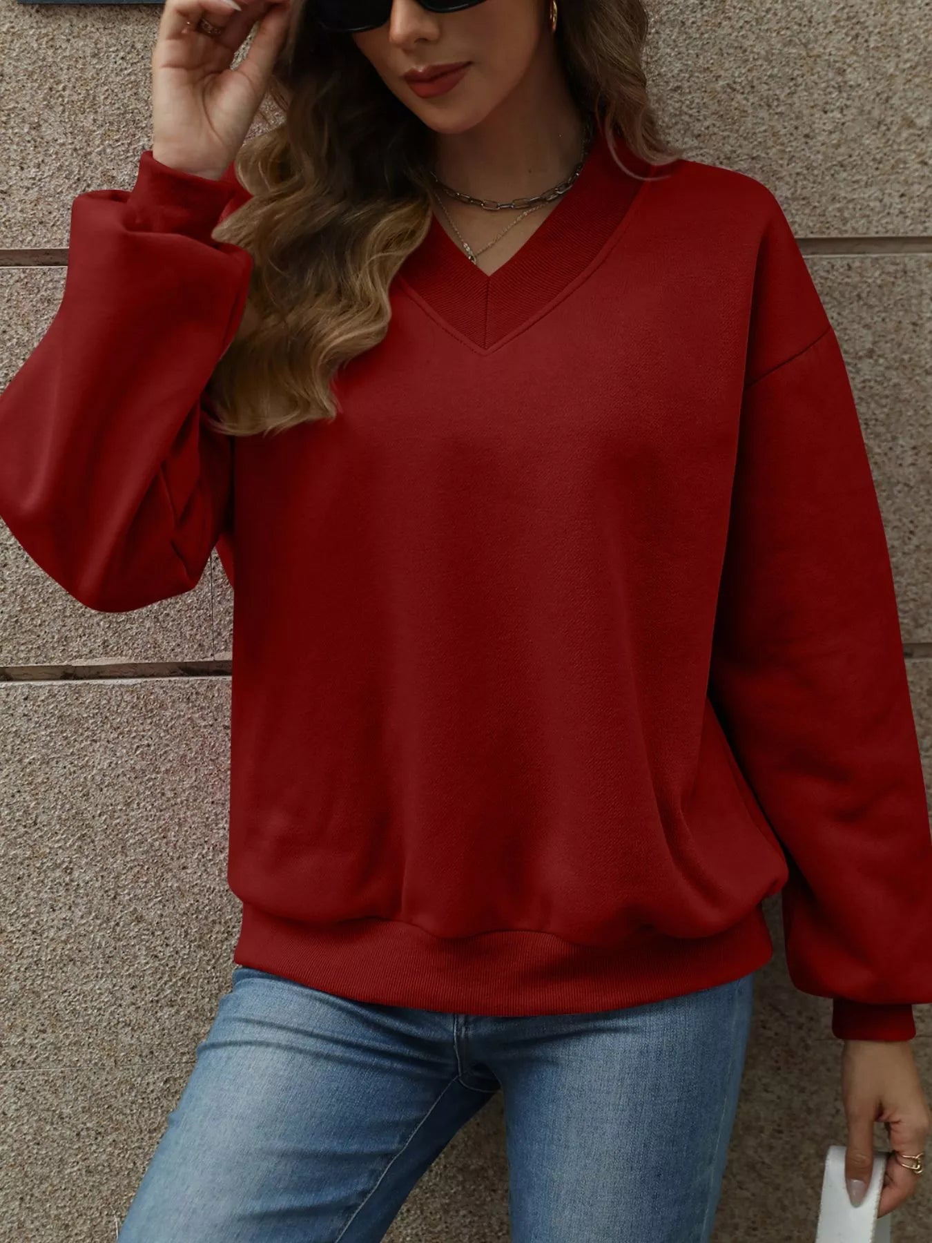 V-Neck Solid Color Casual Sweatshirt THRIXINE
