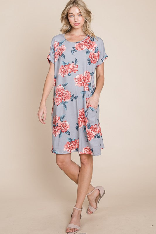 Floral Round Neck Short Tee Dress with Pockets For Women – Comfortable, Casual & Functional for Everyday Wear Stevvex