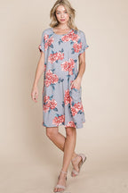 Floral Round Neck Short Tee Dress with Pockets For Women – Comfortable, Casual & Functional for Everyday Wear Stevvex