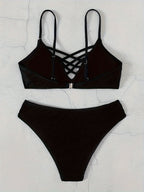 Noir Allure Criss Cross Bikini Set for Women – Chic Elegant Hollow Out Design with High Waist Buckle Detail Adjustable Spaghetti Straps & Medium Stretch Nylon – 2-Piece Women's Swimwear for Summer Beach Days & Poolside Glam