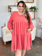 Light Green Double Take Full Size V-Neck Sleeve Tiered Dress with Pockets Elegant & Comfortable Casual Dress Stevvex
