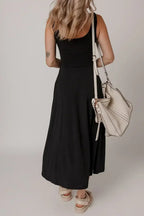 Black Sleeveless Scoop Neck Flared Split Midi Dress