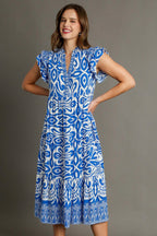 Blue Full Size Two-Tone Print Ruffle Cap Sleeve Midi Dress Plus Size Statement Piece Dress Stevvex