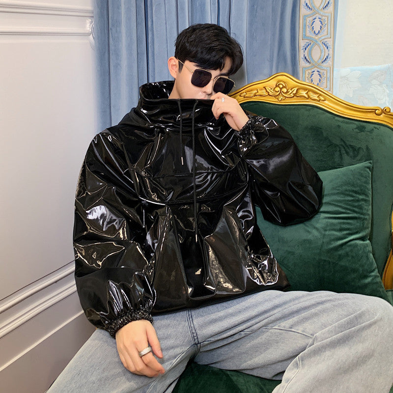 Stand collar hooded leather jacket Pi-Mart