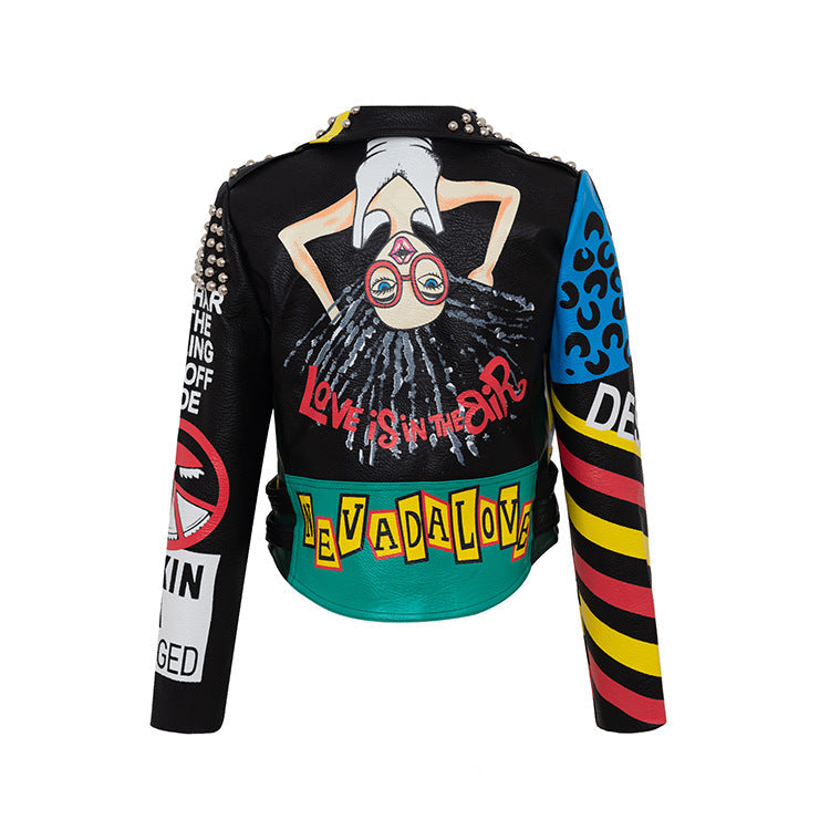Women's Leather Print Contrast Cropped Jacket Pi-Mart