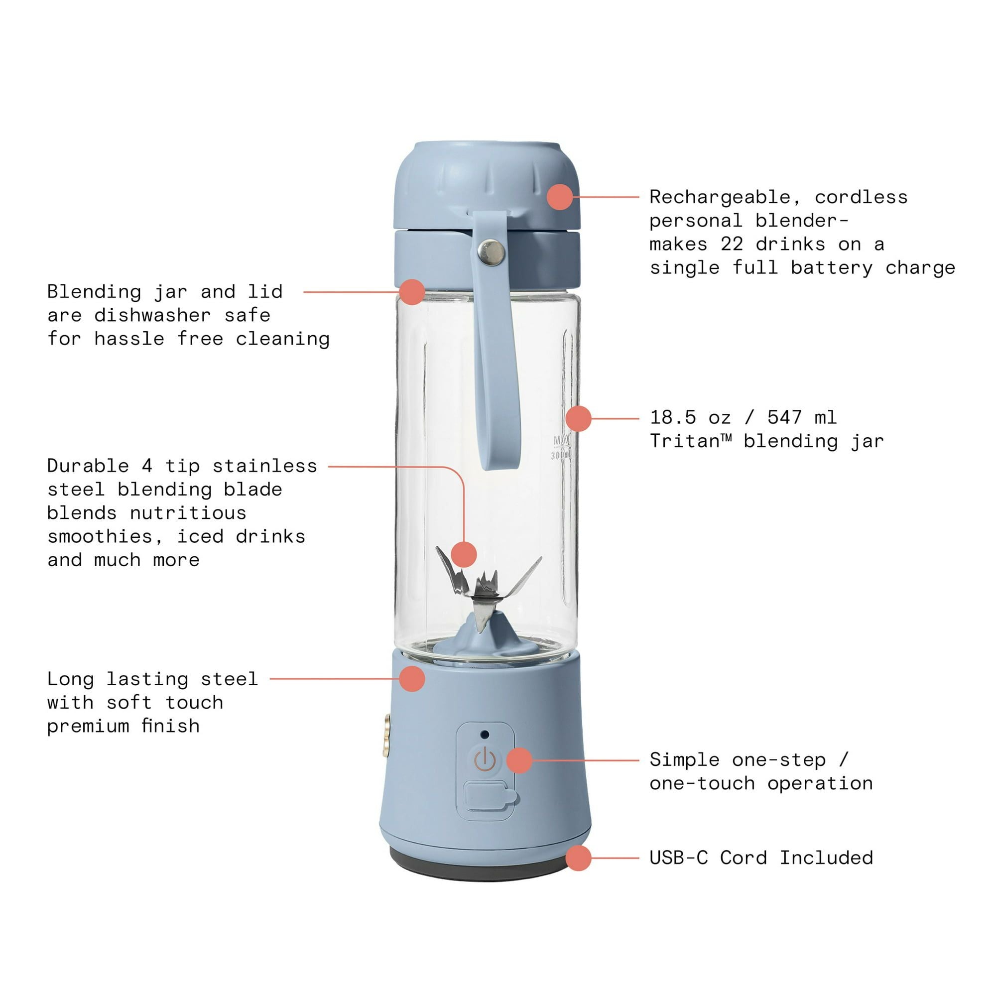 Beautiful Portable Blender Cornflower Blue by Drew Barrymore 70-Watt 18.5 oz EasyOptionXY LLC