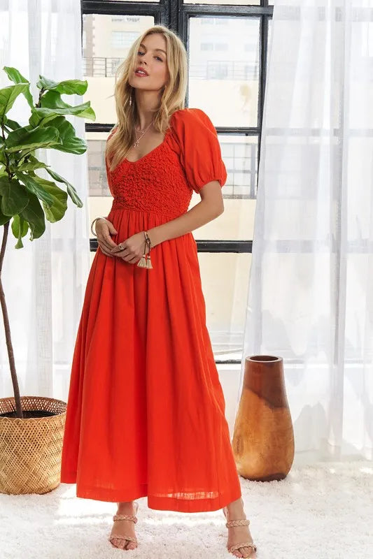 Popcorn Smocked Puff Sleeve Dress For Women – Textured, Elegant, Fluttering, Feminine, Stylish, Trendy For Special Occasions Stevvex