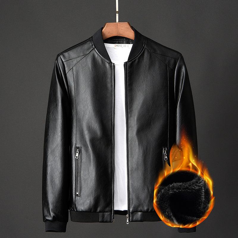 Slim Fit Men's PU Leather Jacket - Stand Collar Motorcycle Style Jacket (Regular Length) Pi-Mart