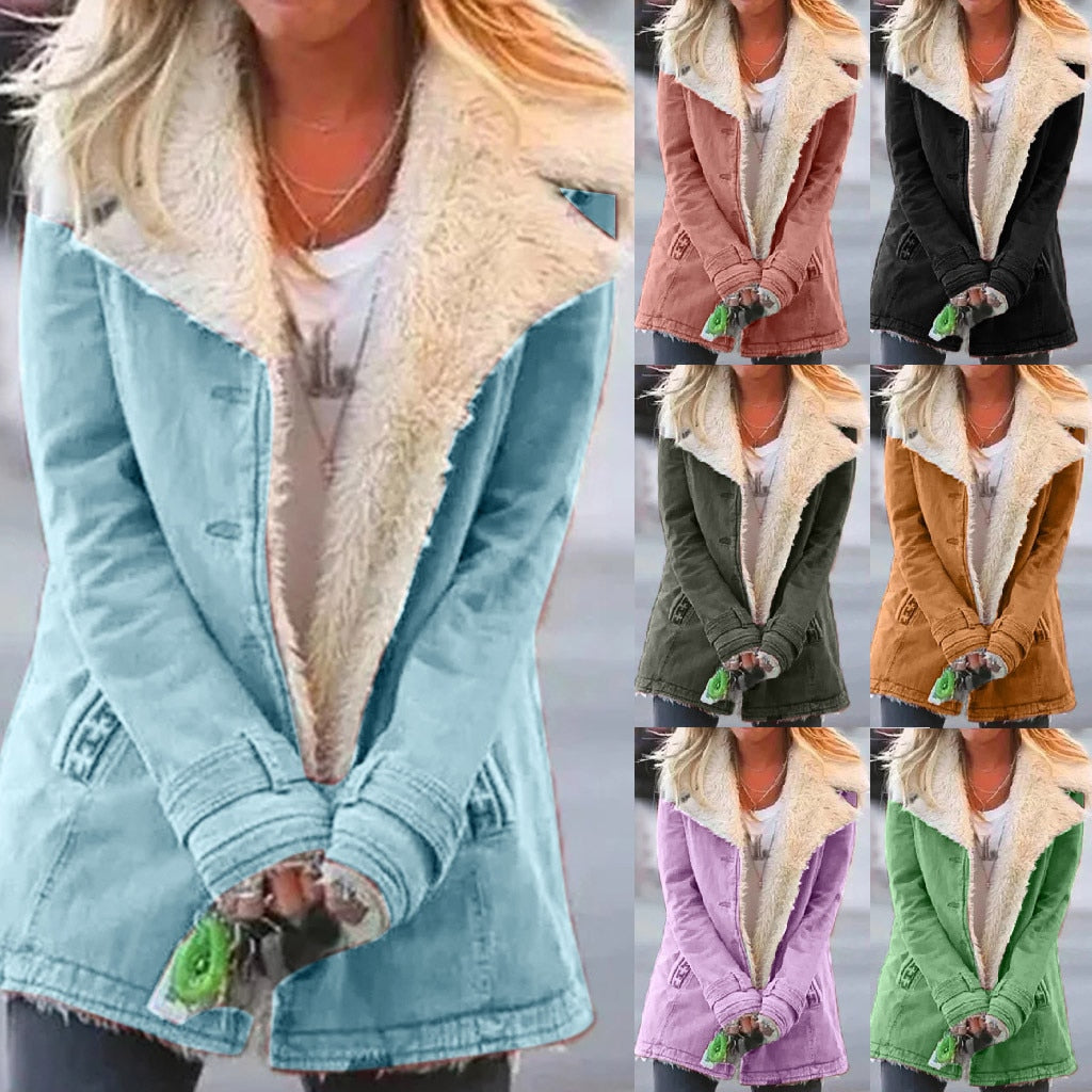 Women Plus Size Warm Coats Composite Plush Button Lapels Jacket Outwearcoat Pi-Mart