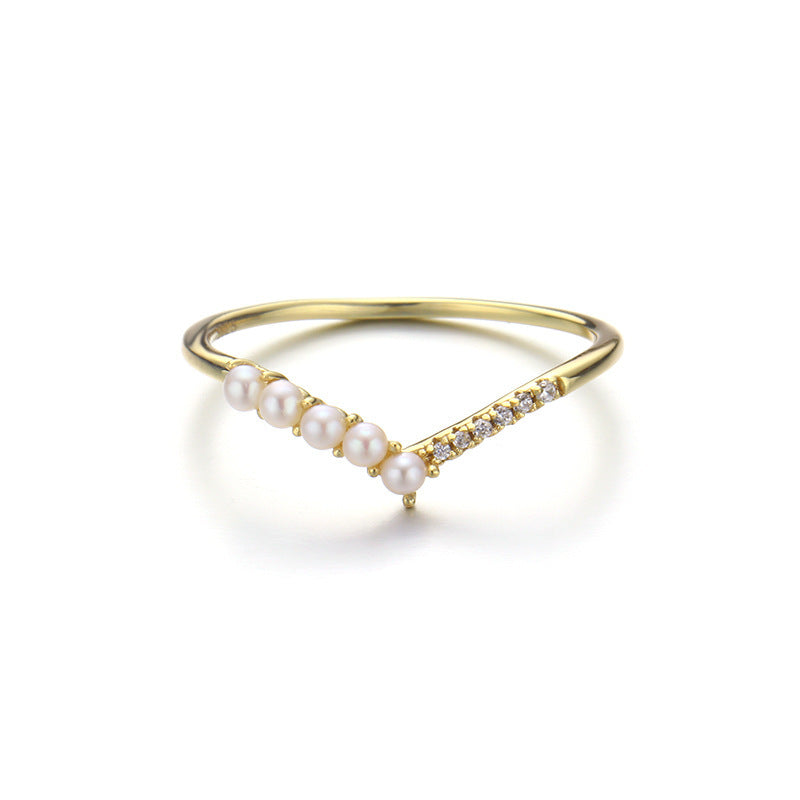 V-shaped Natural Pearl Zircon Ring Girl Pi-Mart