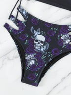 Bikini Skull Print Hollow-Out 2 Piece Swimsuit for Women – Sexy Lace-Up Floral Tie Bathing Suit with Crew Neck – High Stretch Halloween Inspired Bikini Set for Beach Party, Festival, and Summer Vacation