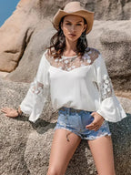 White Lace Round Neck Long Sleeve Blouse | Femstylo - SJB-DIAMOND ELITES