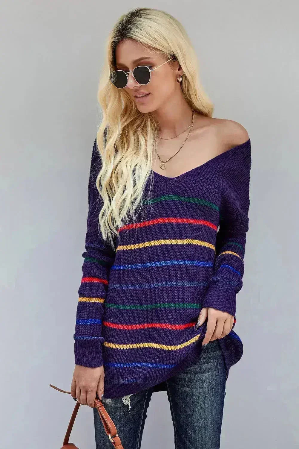 Blue Striped Loose Knit Sweater - SJB-DIAMOND ELITES