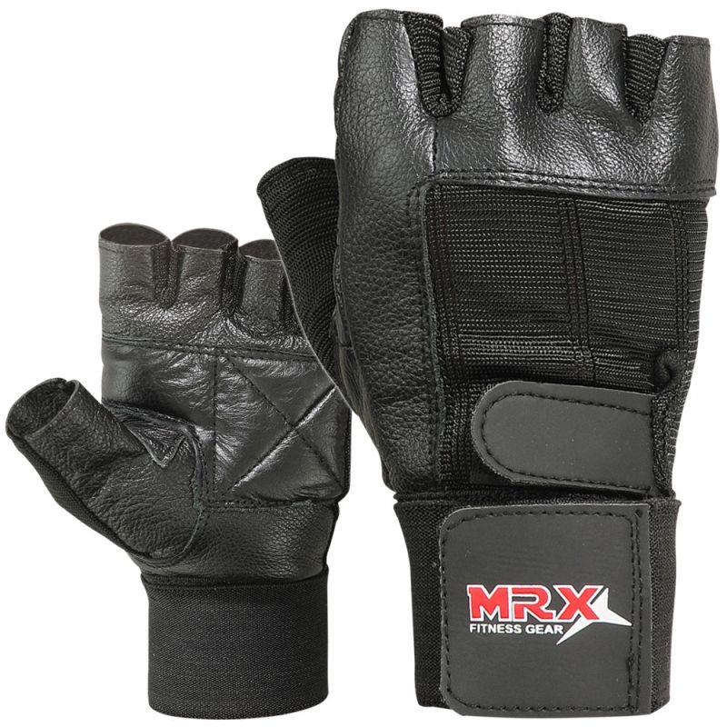 MRX Weight Lifting Gloves With Long Wrist Strap Genuine Leather Black All Sizes MRX Products