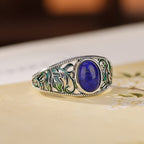 Sterling Silver Lapis Lazuli Hollow Enamel Leaf Ring Pi-Mart
