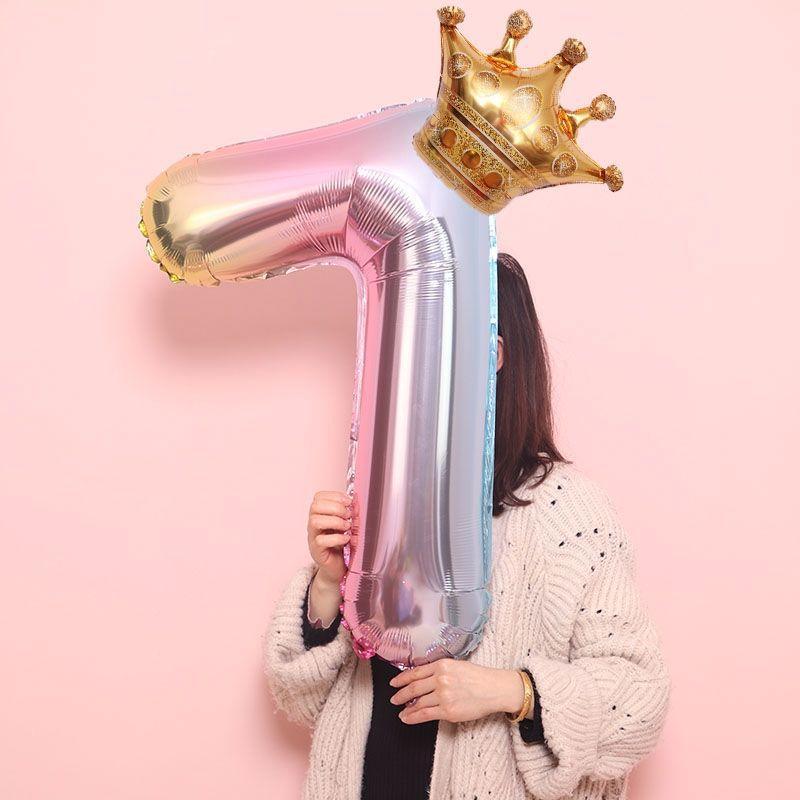 Luxury Gradient Modern 32inch Rainbow number Foil Balloons For Birthday party Decorations Kids Rose Ballons With Crown From 0-9 Numbers - SJB-DIAMOND ELITES