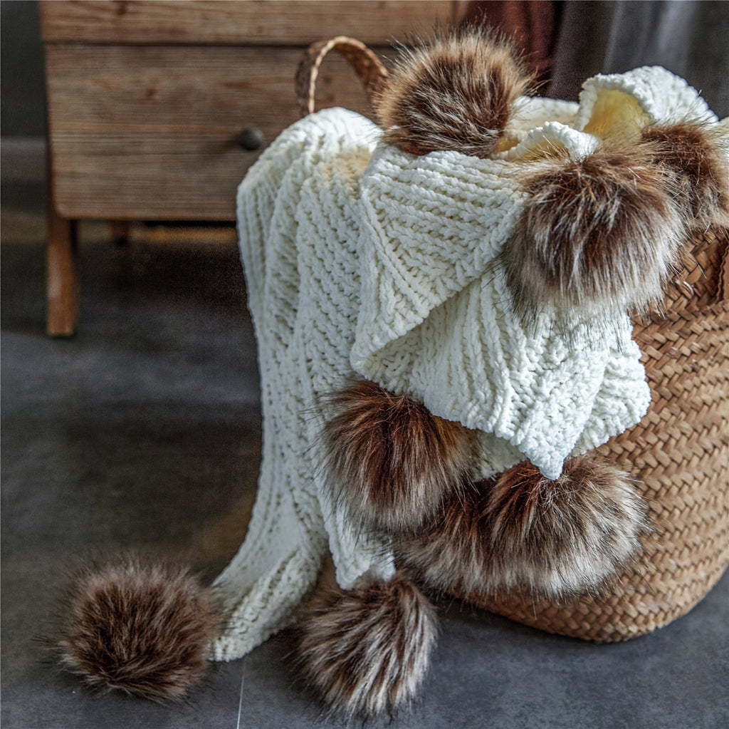 Vintage Chunky Knit Throw Blanket with Pom-pom Embellishment, Space Theme, All Seasons Polyester Cover, Knitted Casual Office Living Room Bedroom Nap Sofa Bed End Blanket 1PC Lootquake LLC