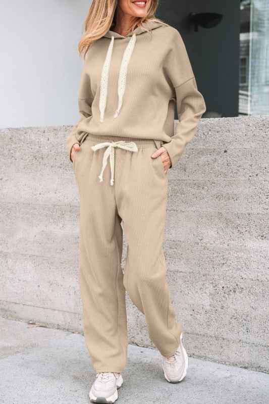 Solid Corduroy Lace Hoodie and Pants Set THRIXINE