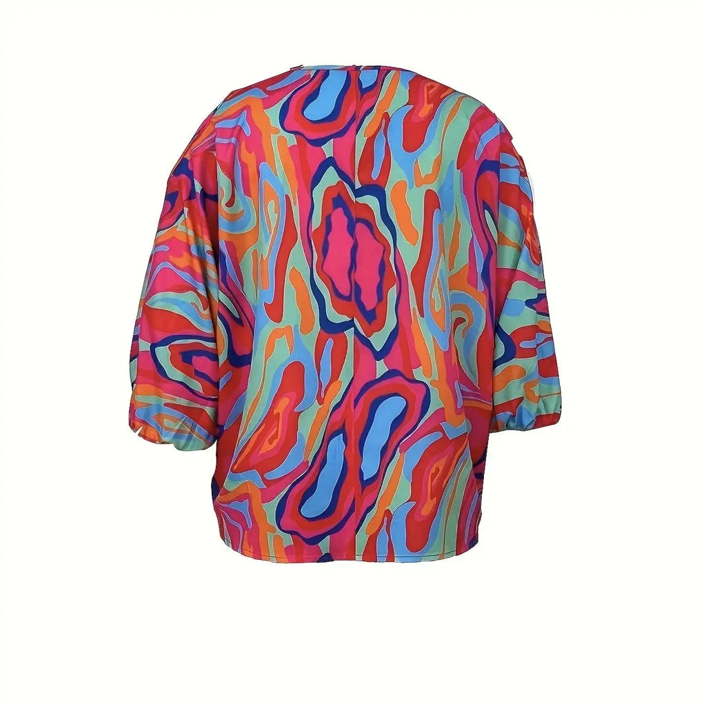 Ladies' Printed Off Shoulder V-neck Zipper Lantern Top - SJB-DIAMOND ELITES